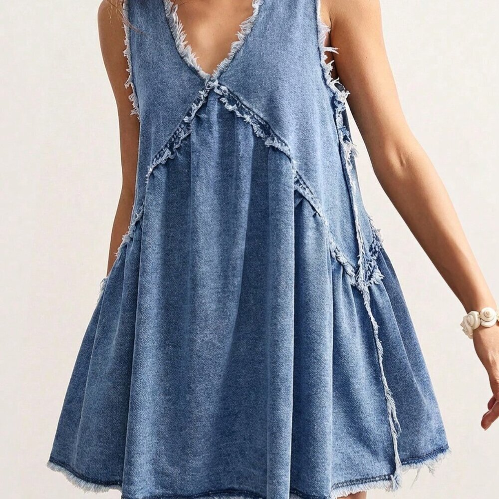 Light Wash Casual Women's Denim Sleeveless V-Neck Dress - Picture 1 of 6